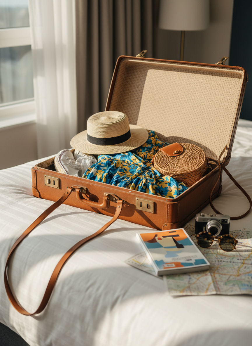 An inviting travel scene showing an open vintage-style suitcase on a crisp white bed, carefully packed with a straw sunhat, a floral wrap dress, white sneakers, and a woven crossbody bag. Beside the suitcase, a city guidebook with a blank, graphic-style cover rests atop a folded map, plus a compact camera and oversized sunglasses. Golden hour sunlight streams through a nearby window, creating dappled light on the textured duvet and warm highlights on the suitcase’s leather straps. Photographic realism, shot from a slightly elevated angle with the suitcase in the lower third, room softly blurred behind. The atmosphere feels adventurous and spontaneous, capturing the playful excitement of getting ready for a lifestyle blogger’s next trip.