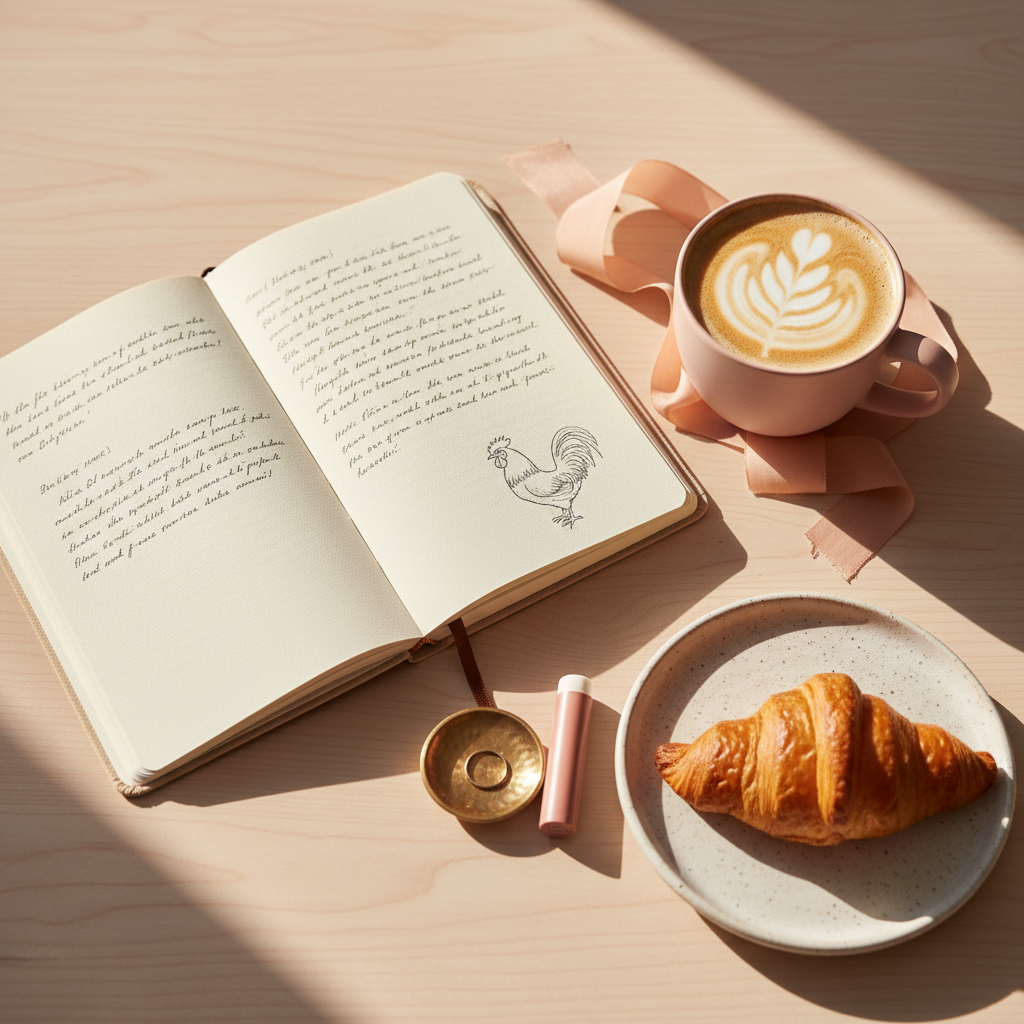 A bright, cozy lifestyle flatlay on a pale wooden table, featuring an open, linen-bound journal with a tiny hand-drawn rooster doodle in the corner, a pastel ceramic mug brimming with frothy latte, and a silk hair ribbon draped casually beside it. Around them, scatter a tube of rose-tinted lip balm, a minimalist gold ring dish, and a single croissant on a speckled stoneware plate. Soft morning sunlight streams in from the left, creating gentle shadows and a warm, playful glow. Shot from directly overhead with a shallow depth of field, photographic realism, vibrant yet airy colors, conveying an inviting, everyday-luxury lifestyle vibe for a playful personal blog homepage.