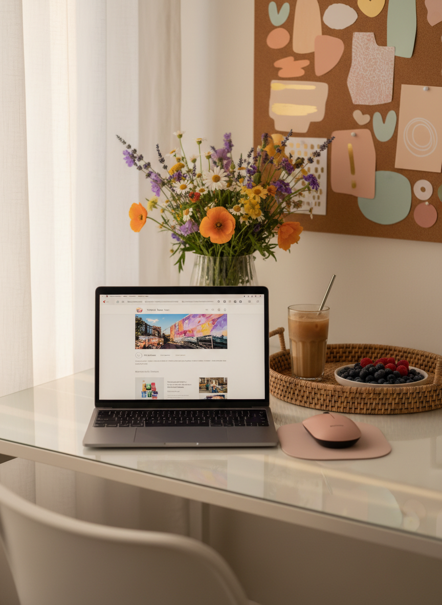 A neatly styled work-from-home desktop on a white lacquered desk, showcasing a slim silver laptop, a blush pink wireless mouse, and a glass vase filled with whimsical mixed wildflowers. A woven rattan tray holds an iced coffee in a clear glass and a small plate of berries. In the background, a cork vision board displays abstract shapes and color swatches rather than text. Late afternoon natural light filters through gauzy curtains, casting a soft golden wash across the scene. Photographic realism, shot at eye level with the laptop in the foreground, background artistically blurred to create depth. The mood is productive yet playful, perfect for a lifestyle blogger planning posts about travel, fashion, and daily life.